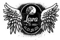 "Laura,   4•13•1955-11•21•2025" angelic, angel wings with name in middle and birthday and death date in Roman numerals tattoo design idea