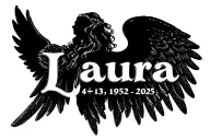 "Laura,   4•13•1955-11•21•2025" angelic, angel wings with name in middle and birthday and death date in Roman numerals tattoo design idea