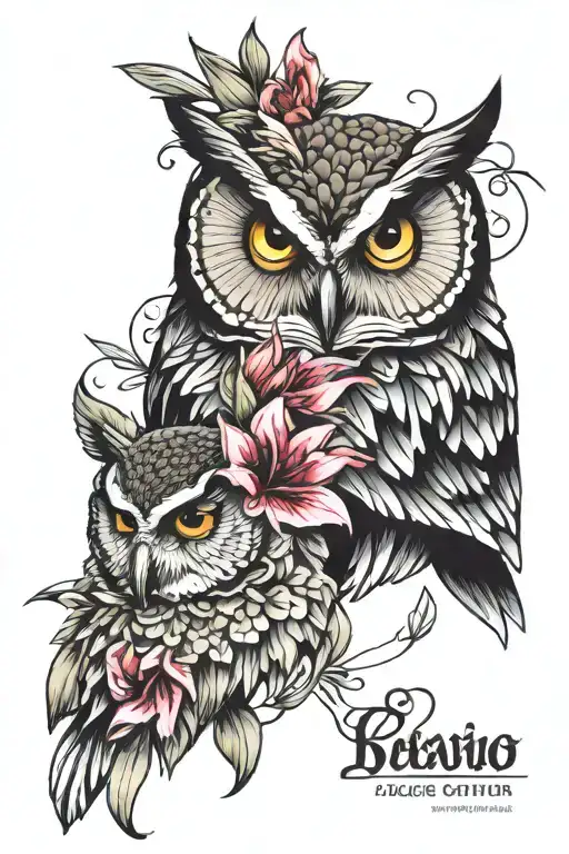 owl face with cosmo flower and gladiolus flower  tattoo design idea