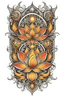 Fractal flames rising from knee, transforming into a glowing lotus flower on thigh, symbolizing growth and peace tattoo design idea
