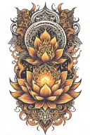 Fractal flames rising from knee, transforming into a glowing lotus flower on thigh, symbolizing growth and peace tattoo design idea