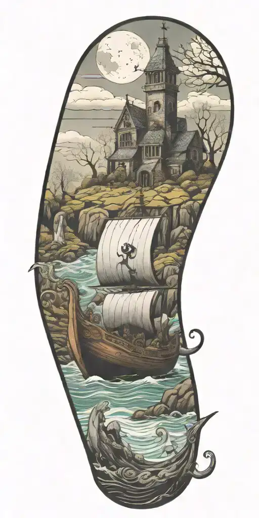cemetary haunted house viking ship tattoo design idea