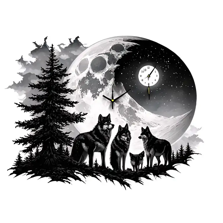wolf family forest mountain clock face inside the moon tattoo design idea