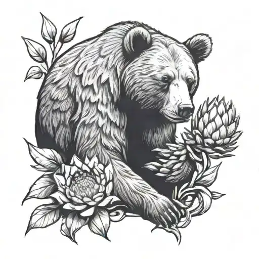 bear holding a protea flower inside tattoo design idea
