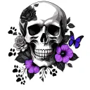 full sleeve black tattoo skull, black and grey flowers, paw prints and purple butterflies tattoo design idea