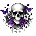 full sleeve black tattoo skull, black and grey flowers, paw prints and purple butterflies tattoo design idea
