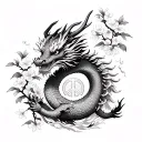 Chinese New Year Dragon with Buddism Peace Sign and Cherry Blossom in the background tattoo design idea