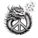 Chinese New Year Dragon with Buddism Peace Sign and Cherry Blossom in the background tattoo design idea