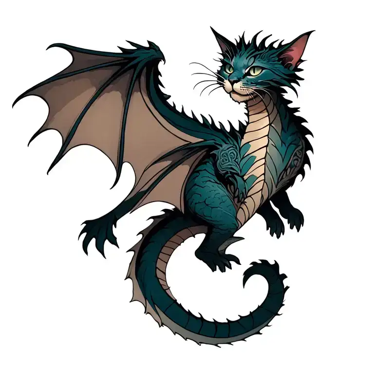 floating cat dragon tattoo design idea
