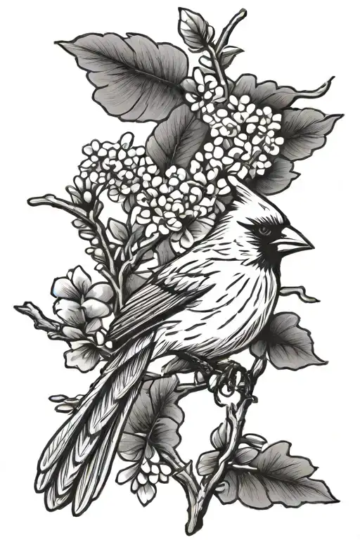 cardinal bird and wisteria branch  tattoo design idea