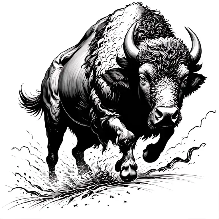 single Buffalo running towards a storm tattoo design idea