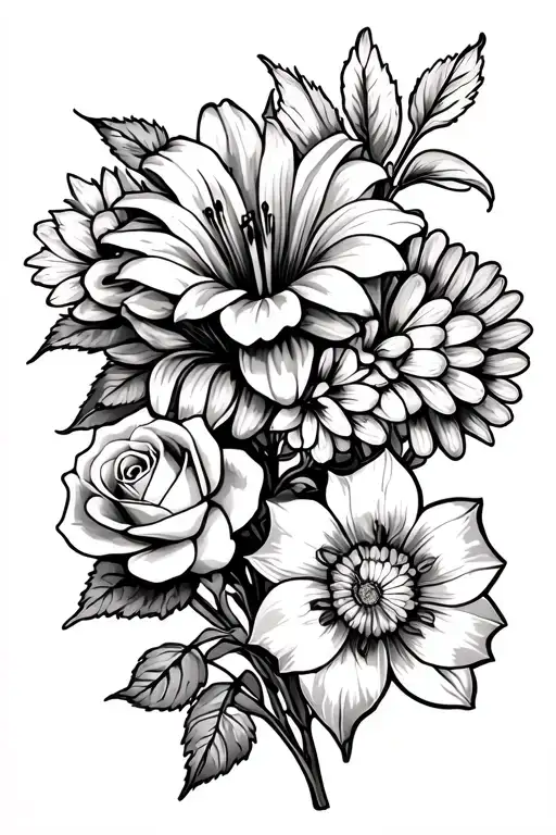 a Lilly , a chrysanthemum, three roses, a Marigold, and a daffodil tattoo design idea