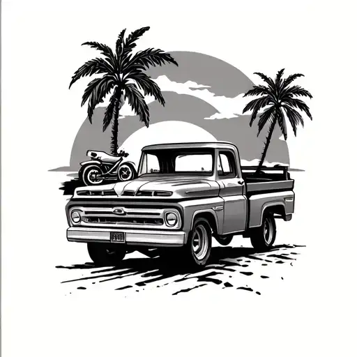 vintage pickup truck sideways with palms and a sunset in the background and a dirtbike on the truck bed tattoo design idea
