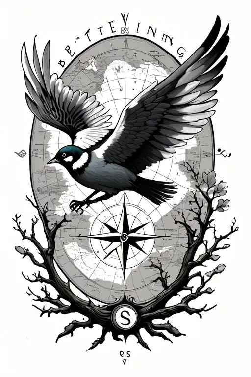 new beginning, better person,wing, compass, birds, branches, tree, map tattoo design idea