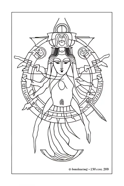 Tattoo stencil including the gods  : Ma’at, Shamash, Themis, Varuna, Amaterasu, Mithra  - has to fill out as a back  tattoo design idea