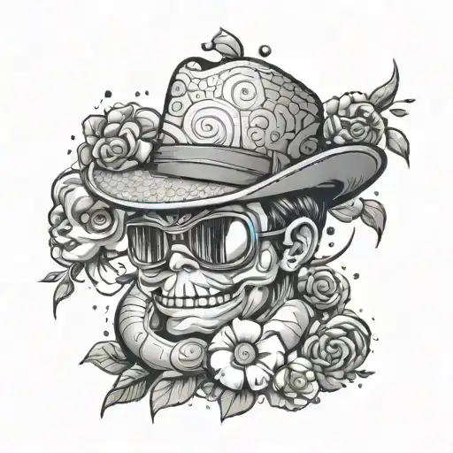 A whimsical tattoo design merging elements of gangster culture with cartoon characters from a beloved anime, rendered in dotwork style tattoo design idea