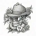 A whimsical tattoo design merging elements of gangster culture with cartoon characters from a beloved anime, rendered in dotwork style tattoo design idea