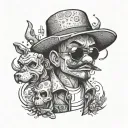 A whimsical tattoo design merging elements of gangster culture with cartoon characters from a beloved anime, rendered in dotwork style tattoo design idea