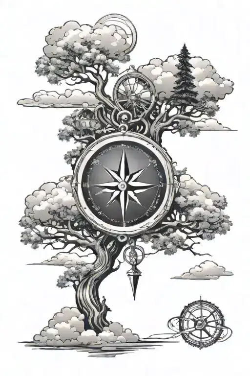 clouds and trees with compass and infinity symbol  tattoo design idea