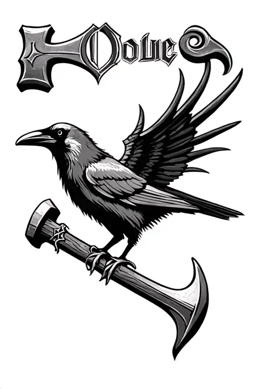 crow and thors hammer with Odin name tattoo tattoo design idea