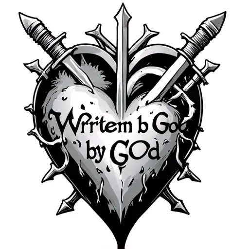 "Written by God " catholic sacred heart with swords stabbed tattoo design idea