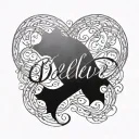 Create a tattoo design featuring the word 'Believe' seamlessly incorporated into an infinity symbol. The letters of the  tattoo design idea