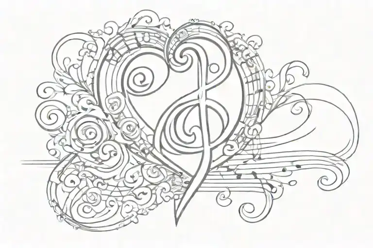 Treble clef bass clef heart at beginning of music lines tattoo design idea