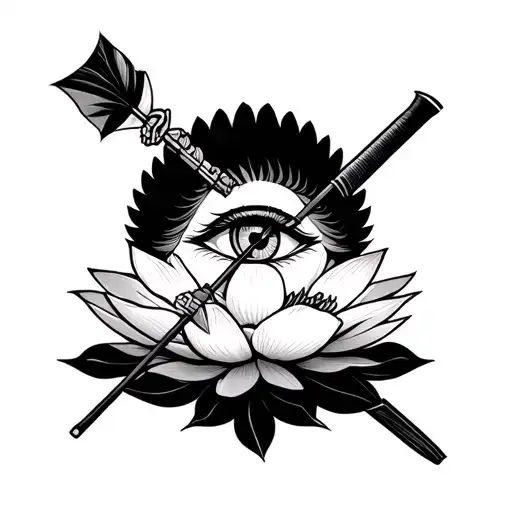 design a tradition japanese namakubi geshia with an arrow going thru one eye pinning it to a japanese lotus & a katanna  tattoo design idea