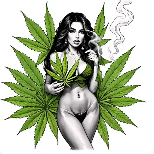 Show me a tattoo of a hot woman smoking marijuana on her butt, with marijuana leaves in the background. tattoo design idea