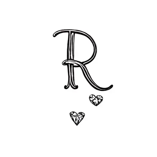 dainty fine line cursive R with diamond ring and small heart tattoo design idea