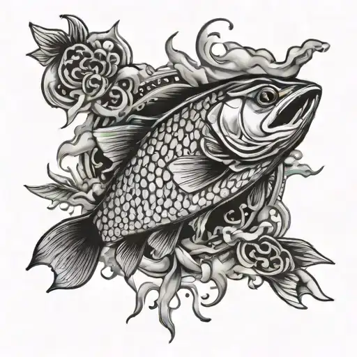 chefs knife citting fish among smoke tattoo design idea