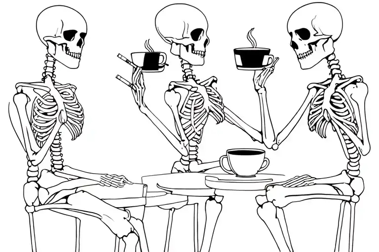create a tattoo with 3 skeleton person holding coffee and cigarettes as if they're gossiping or talking to each other ca tattoo design idea