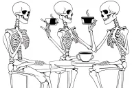 create a tattoo with 3 skeleton person holding coffee and cigarettes as if they're gossiping or talking to each other ca tattoo design idea