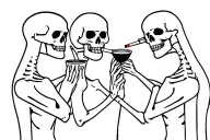 create a tattoo with 3 skeleton person holding coffee and cigarettes as if they're gossiping or talking to each other ca tattoo design idea