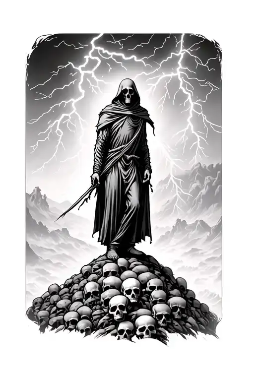 grim reaper standing on hill of skulls in distance, with lightning striking tattoo design idea