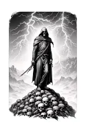 grim reaper standing on hill of skulls in distance, with lightning striking tattoo design idea