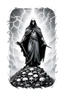 grim reaper standing on hill of skulls in distance, with lightning striking tattoo design idea