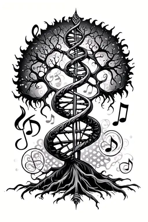 Gnarly DNA tree with musical notes and symbols tattoo design idea