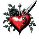 traditional sacred heart with dagger piercing and black rose tattoo design idea