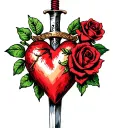 traditional sacred heart with dagger piercing and black rose tattoo design idea