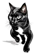 A black cat in a stalking pose three-quarter view moving from right to left at a 33° downward angle head turned right tattoo design idea