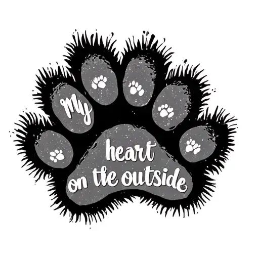 "My heart on the outside" dog paw print over the copy this writing tattoo design idea