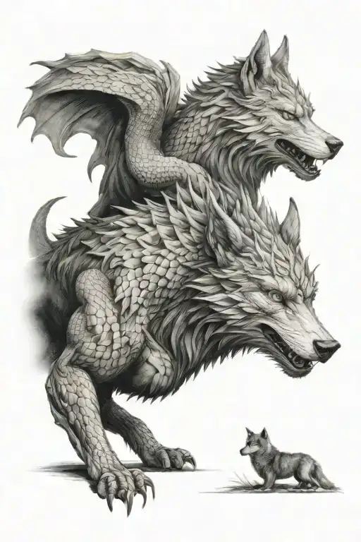 Dragon and wolf looking forward tattoo design idea