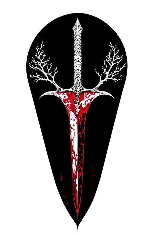 long dagger on the forest, covered blood, elf tattoo design idea
