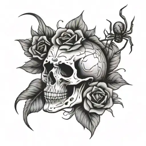 Skull with rose and a spider tattoo design idea