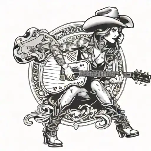 vintage cowgirl pinup with acoustic guitar tattoo design idea