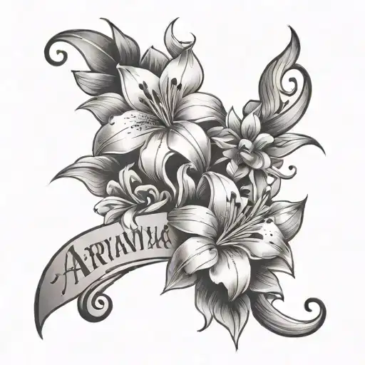 this name: Arianna Georgia Valiquette but with modern cursive gangster letters, put hearts and tiger lilies around it  tattoo design idea