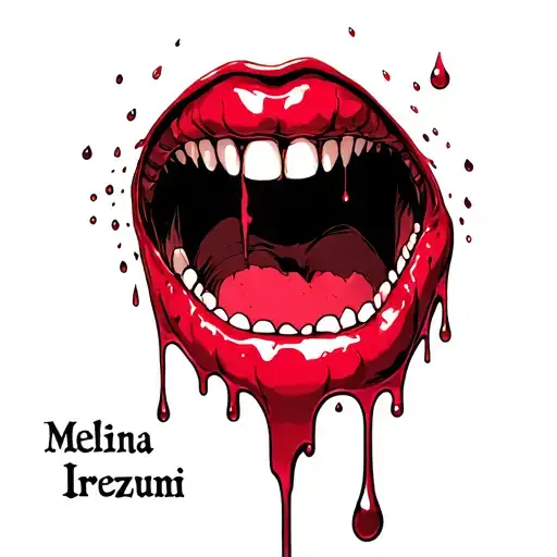 vampire bite marks with blood dripping. the blood drops spell out the word Melina tattoo design idea