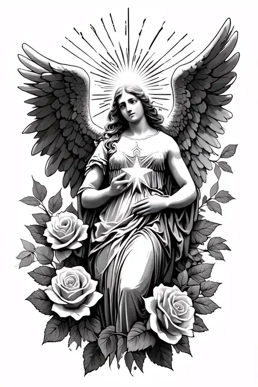 roses and leaves with an angel holding a bright star with light rays emitting from the star tattoo design idea