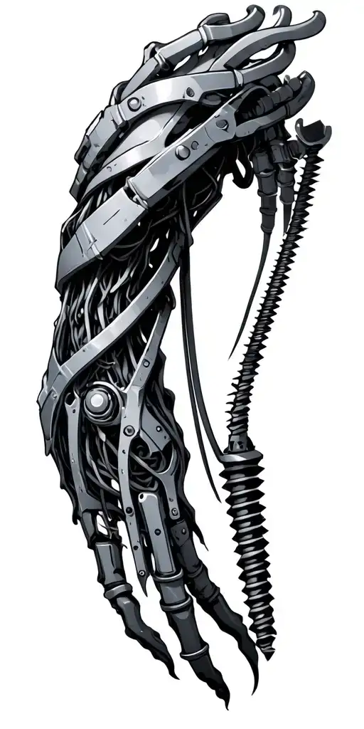 cyberpunk arm implant screw and wires and metal silver tattoo design idea